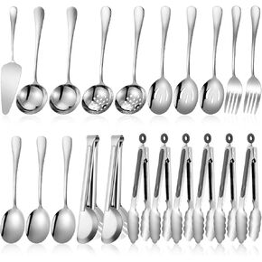 19 Pieces Serving Flatware Set Including Stainless Steel Spatulas, Forks, Spoons, Perforated Spoons, Soup Spoons, Skimmers Spoon, Buffet Tongs, Heavy Duty Serving Tongs for Home(Black)