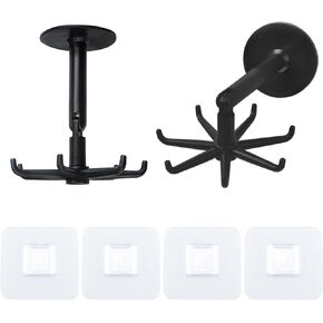 Kitchen Wall Shelf Hooks,Under Cabinet Kitchen Utensil Hooks,Side Hanging 360° Rotating with 7 Hooks,Drilling Free Adhesive Utensils Rack for Tools/Towel/Oven Mitts/Bathroom, 2pcs(Black)