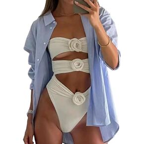 RARITYUS Women's 3D Rose Floral Appliques Swimsuit Sexy Cutout Strapless Bandeau Bathing Suit Elegant Monokini Beachwear