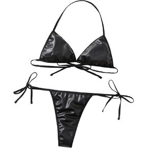 Women's Sexy Halterneck Micro Thong Bikini 2 Piece Low Waist Bikini Set PU Leather Triangle Cup Swimwear Underwear