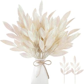 Sggvecsy 40 Pieces Artificial Glitter Leaf Silver Glittered Spray Picks 13’’ Fake Floral Leaf Branches Xmas Decoration for Christmas Tree DIY Wreath Crafts Gift Home Decoration(Silver,40 Pieces)