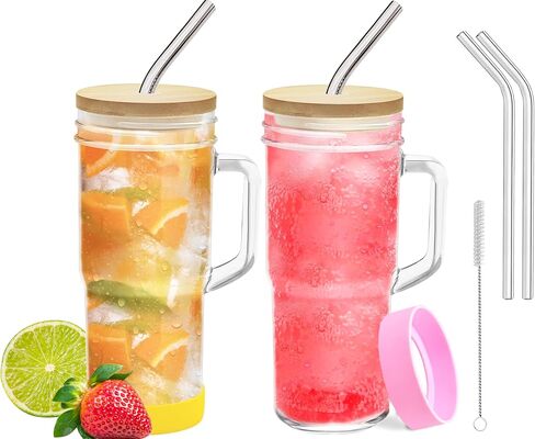 4-Pack 24oz Glass Tumbler Cups with Handle, Bamboo Lids, and Straws - Reusable Mason Jar Drinking Glasses for Iced Coffee, Smoothies, Beer, Juice, and Tea in Saudi Arabia