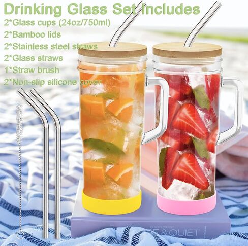 4-Pack 24oz Glass Tumbler Cups with Handle, Bamboo Lids, and Straws - Reusable Mason Jar Drinking Glasses for Iced Coffee, Smoothies, Beer, Juice, and Tea in Saudi Arabia