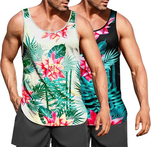 COOFANDY Mens Floral Tank Top Beach Summer Graphic Hawaii All Over Print Vacation T Shirt 2 Pack-Black/White Medium Sleeveless in Saudi Arabia