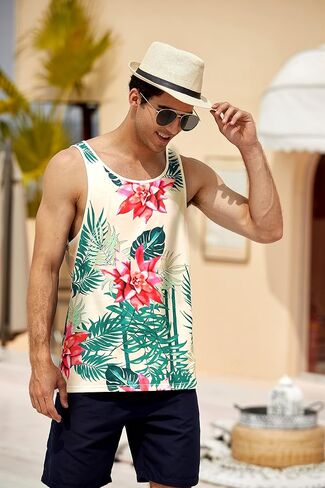 COOFANDY Mens Floral Tank Top Beach Summer Graphic Hawaii All Over Print Vacation T Shirt 2 Pack-Black/White Medium Sleeveless in Saudi Arabia
