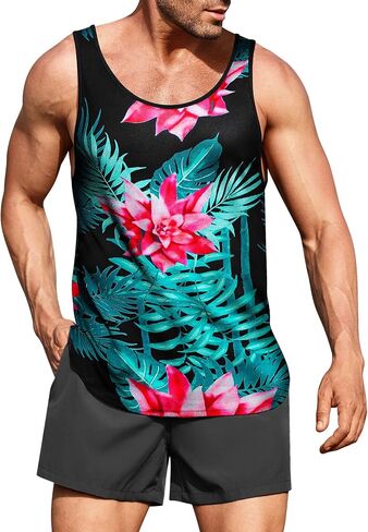 COOFANDY Mens Floral Tank Top Beach Summer Graphic Hawaii All Over Print Vacation T Shirt 2 Pack-Black/White Medium Sleeveless in Saudi Arabia