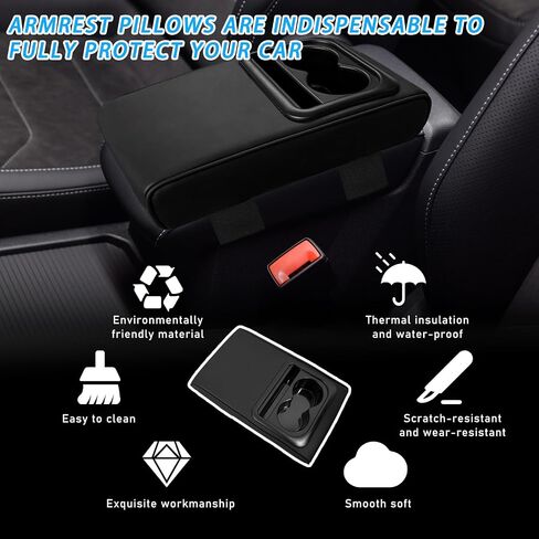 Car Center Console Armrest Pillow, 14"×8.3" Memory Foam Auto Armrest Box Cover with Cup Holder & Phone Holder, Waterproof Leather Arm Rest Protector Cushion, Car Accessories in Saudi Arabia