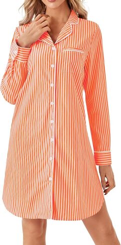Vrtige Women's Striped Nightgown Collar V Neck Long Sleeve Button Down Nightwear Top Sleep Shirts Nightdress in Kuwait