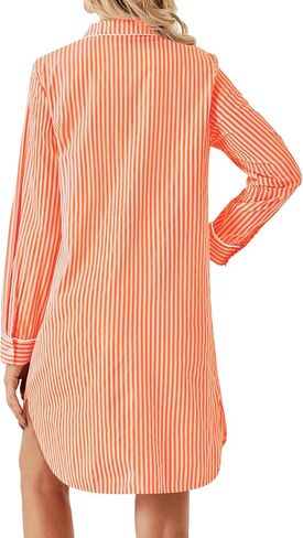 Vrtige Women's Striped Nightgown Collar V Neck Long Sleeve Button Down Nightwear Top Sleep Shirts Nightdress in Kuwait