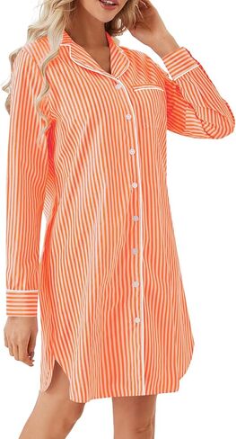 Vrtige Women's Striped Nightgown Collar V Neck Long Sleeve Button Down Nightwear Top Sleep Shirts Nightdress in Kuwait