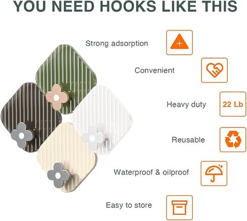 8 Pack Adhesive Hooks Utility Hooks, Heavy Duty Hooks Robe Towel Hooks Waterproof Adhesive Wall Hooks for Home Bathroom Kitchen Office and Living Room (Mulit-Color) in Saudi Arabia
