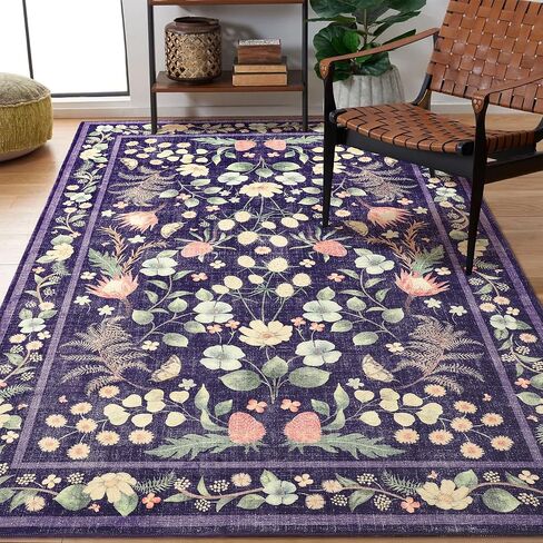 Przemy Rugs for Bedroom Living Room 4x6 Washable Boho Area Rug, Shag Non Slip Low Pile Carpet, Floral Vintage Floor Rug for Kids Dorm Nursery Office Playroom Indoor Decor, Purple in Saudi Arabia