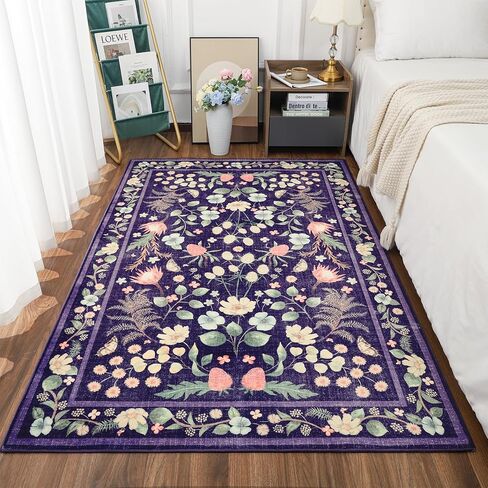 Przemy Rugs for Bedroom Living Room 4x6 Washable Boho Area Rug, Shag Non Slip Low Pile Carpet, Floral Vintage Floor Rug for Kids Dorm Nursery Office Playroom Indoor Decor, Purple in Saudi Arabia