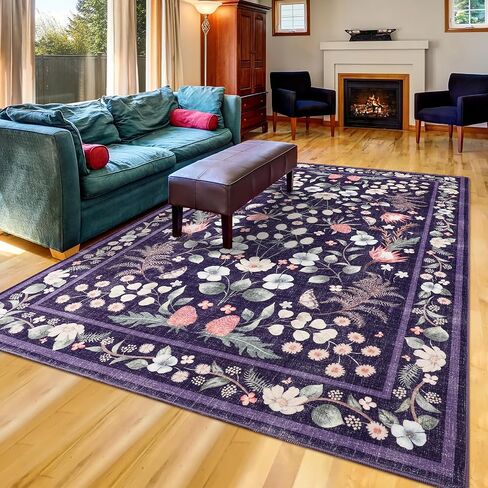 Przemy Rugs for Bedroom Living Room 4x6 Washable Boho Area Rug, Shag Non Slip Low Pile Carpet, Floral Vintage Floor Rug for Kids Dorm Nursery Office Playroom Indoor Decor, Purple in Saudi Arabia