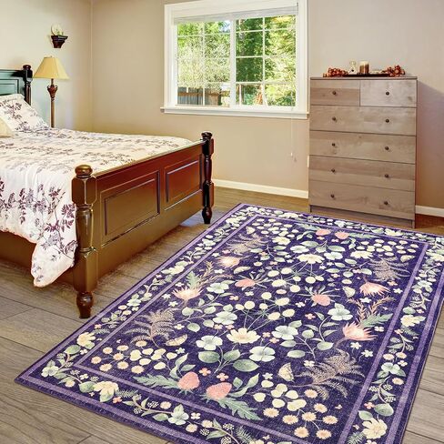 Przemy Rugs for Bedroom Living Room 4x6 Washable Boho Area Rug, Shag Non Slip Low Pile Carpet, Floral Vintage Floor Rug for Kids Dorm Nursery Office Playroom Indoor Decor, Purple in Saudi Arabia