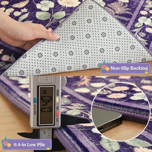 Przemy Rugs for Bedroom Living Room 4x6 Washable Boho Area Rug, Shag Non Slip Low Pile Carpet, Floral Vintage Floor Rug for Kids Dorm Nursery Office Playroom Indoor Decor, Purple in Saudi Arabia