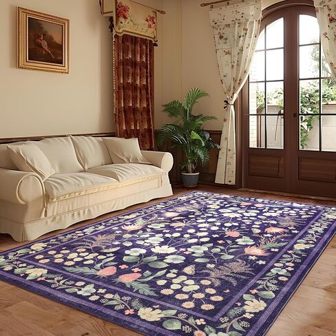 Przemy Rugs for Bedroom Living Room 4x6 Washable Boho Area Rug, Shag Non Slip Low Pile Carpet, Floral Vintage Floor Rug for Kids Dorm Nursery Office Playroom Indoor Decor, Purple in Saudi Arabia