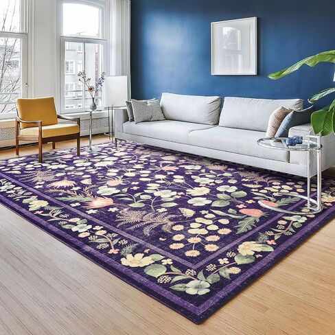Przemy Rugs for Bedroom Living Room 4x6 Washable Boho Area Rug, Shag Non Slip Low Pile Carpet, Floral Vintage Floor Rug for Kids Dorm Nursery Office Playroom Indoor Decor, Purple in Saudi Arabia