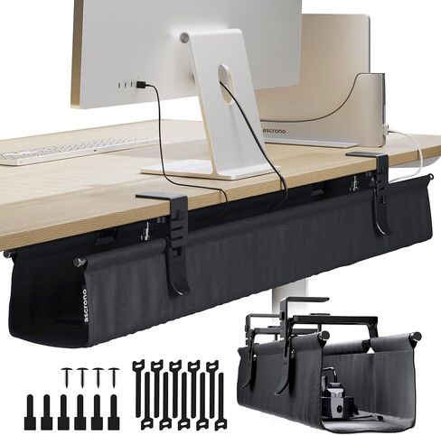 Ascrono Original No Drill Under Desk Cable Management Tray 40.6" - Premium White Fabric Cable Management Under Desk - Clamp/Screw Mount Cord Organizer - Supports Upto 66lbs - Large in Kuwait