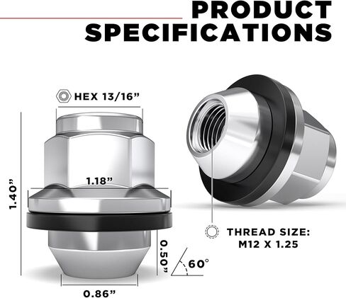 White Knight M12x1.25 Factory Style Lug Nuts for Frontier, Titan, Xterra and More. Black Chrome Mag Style Seat with Attached Washer – WN21006BK-24AM (24 Pack) in Kuwait