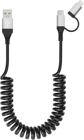 USB to USB-C and Lightning Cable Combo 2 in 1 Coiled Cable Apple Carplay & Android Auto Compatible[MFi, 3A Fast Charge, Data Sync] Coiled Lightning and USB C Cable for iPhone 15/14/13/12/Android,White in Saudi Arabia