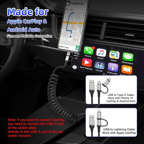USB to USB-C and Lightning Cable Combo 2 in 1 Coiled Cable Apple Carplay & Android Auto Compatible[MFi, 3A Fast Charge, Data Sync] Coiled Lightning and USB C Cable for iPhone 15/14/13/12/Android,White in Saudi Arabia