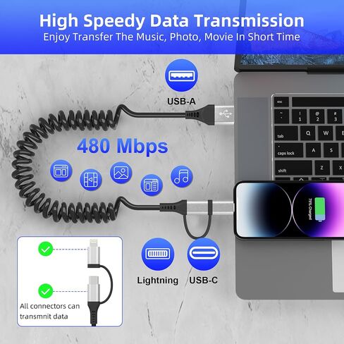 USB to USB-C and Lightning Cable Combo 2 in 1 Coiled Cable Apple Carplay & Android Auto Compatible[MFi, 3A Fast Charge, Data Sync] Coiled Lightning and USB C Cable for iPhone 15/14/13/12/Android,White in Saudi Arabia