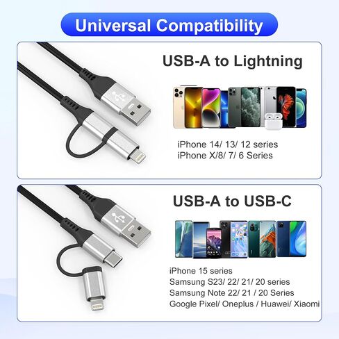 USB to USB-C and Lightning Cable Combo 2 in 1 Coiled Cable Apple Carplay & Android Auto Compatible[MFi, 3A Fast Charge, Data Sync] Coiled Lightning and USB C Cable for iPhone 15/14/13/12/Android,White in Saudi Arabia