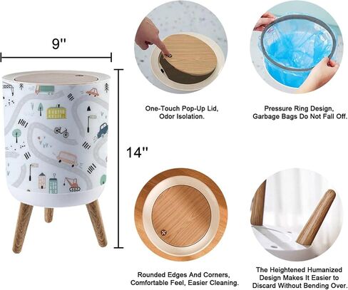 Round Trash Can with Press Lid Space Theme Solar System Kids Cartoon Planet Seamless Rocket UFO Small Garbage Can Trash in Saudi Arabia