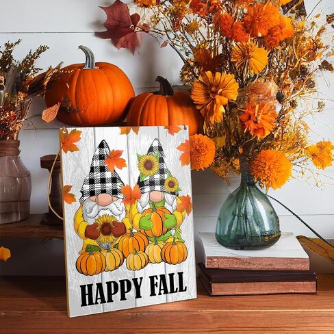 Happy Fall Wall Art Decor, Fall Decorations Hanging Sign for Home Front Door Porch Pumpkin Gnomes Autumn Farmhouse Decor Thanksgiving Harvest Rustic Wooden Plaque, Happy Fall in Saudi Arabia