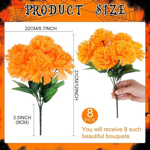 Tigeen 8 Pcs Day of The Dead Marigold Flowers Artificial Faux Flower with Stem Mexican Faux Flowers Bush Dia De Los Muertos for Marigold Halloween Diwali Garland Wedding Party Home Decorations in Saudi Arabia