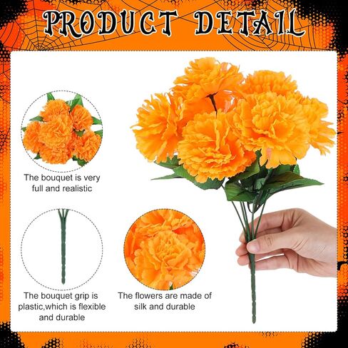 Tigeen 8 Pcs Day of The Dead Marigold Flowers Artificial Faux Flower with Stem Mexican Faux Flowers Bush Dia De Los Muertos for Marigold Halloween Diwali Garland Wedding Party Home Decorations in Saudi Arabia