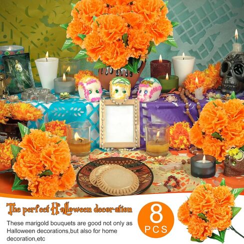 Tigeen 8 Pcs Day of The Dead Marigold Flowers Artificial Faux Flower with Stem Mexican Faux Flowers Bush Dia De Los Muertos for Marigold Halloween Diwali Garland Wedding Party Home Decorations in Saudi Arabia