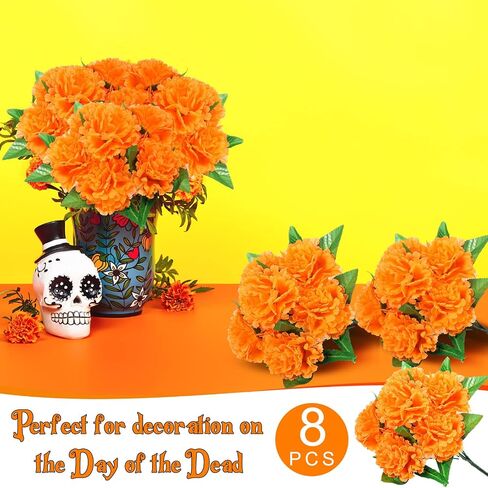Tigeen 8 Pcs Day of The Dead Marigold Flowers Artificial Faux Flower with Stem Mexican Faux Flowers Bush Dia De Los Muertos for Marigold Halloween Diwali Garland Wedding Party Home Decorations in Saudi Arabia