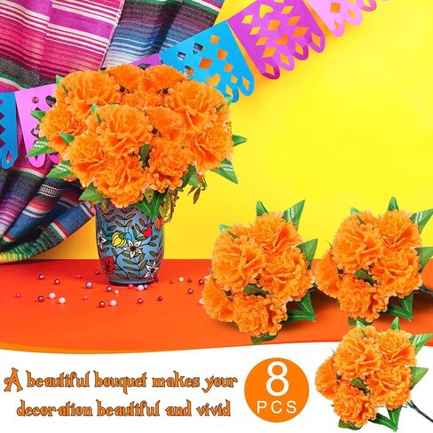 Tigeen 8 Pcs Day of The Dead Marigold Flowers Artificial Faux Flower with Stem Mexican Faux Flowers Bush Dia De Los Muertos for Marigold Halloween Diwali Garland Wedding Party Home Decorations in Saudi Arabia