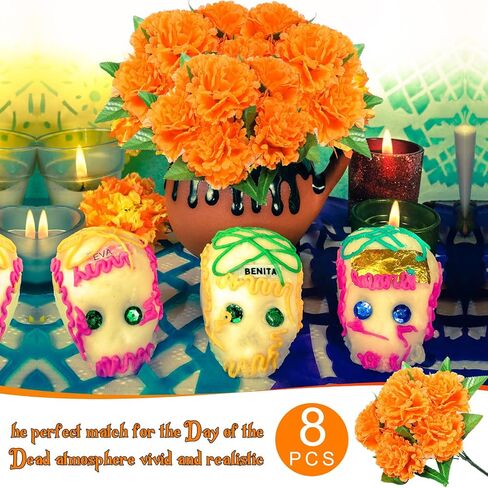 Tigeen 8 Pcs Day of The Dead Marigold Flowers Artificial Faux Flower with Stem Mexican Faux Flowers Bush Dia De Los Muertos for Marigold Halloween Diwali Garland Wedding Party Home Decorations in Saudi Arabia