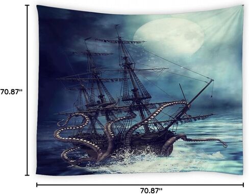jingjiji Octopus Tapestry Fantasy Ocean scenery Nautical pirate ship Wave Sailing moon Wall Hanging Tapestries Decor Bedroom Living Room Dorm Polyester Fabric 90W x 71L Inch Blue in Saudi Arabia