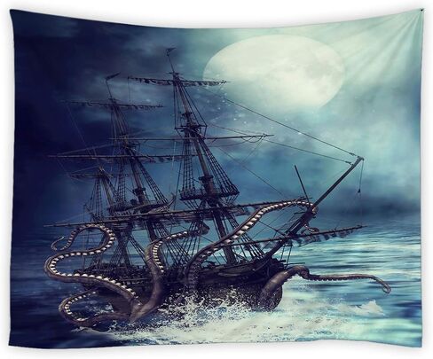 jingjiji Octopus Tapestry Fantasy Ocean scenery Nautical pirate ship Wave Sailing moon Wall Hanging Tapestries Decor Bedroom Living Room Dorm Polyester Fabric 90W x 71L Inch Blue in Saudi Arabia