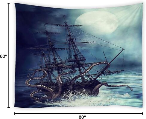 jingjiji Octopus Tapestry Fantasy Ocean scenery Nautical pirate ship Wave Sailing moon Wall Hanging Tapestries Decor Bedroom Living Room Dorm Polyester Fabric 90W x 71L Inch Blue in Saudi Arabia