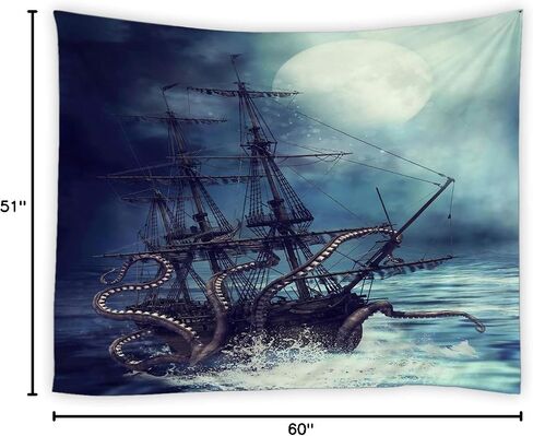 jingjiji Octopus Tapestry Fantasy Ocean scenery Nautical pirate ship Wave Sailing moon Wall Hanging Tapestries Decor Bedroom Living Room Dorm Polyester Fabric 90W x 71L Inch Blue in Saudi Arabia