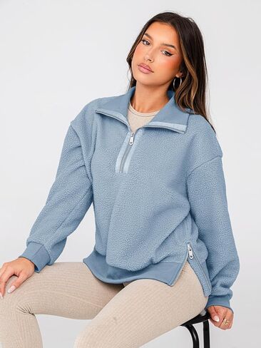 Glamaker Women's Half Zip Fleece Sweatshirt Long Sleeve Loose Casual Sherpa Lapel Pullover Tops Fuzzy Sweater 2024 in Saudi Arabia