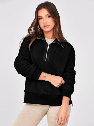 Glamaker Women's Half Zip Fleece Sweatshirt Long Sleeve Loose Casual Sherpa Lapel Pullover Tops Fuzzy Sweater 2024 in Saudi Arabia