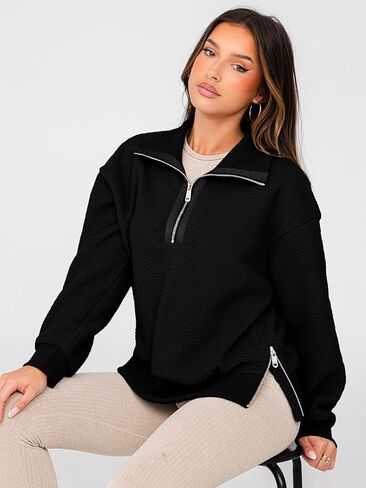 Glamaker Women's Half Zip Fleece Sweatshirt Long Sleeve Loose Casual Sherpa Lapel Pullover Tops Fuzzy Sweater 2024 in Saudi Arabia