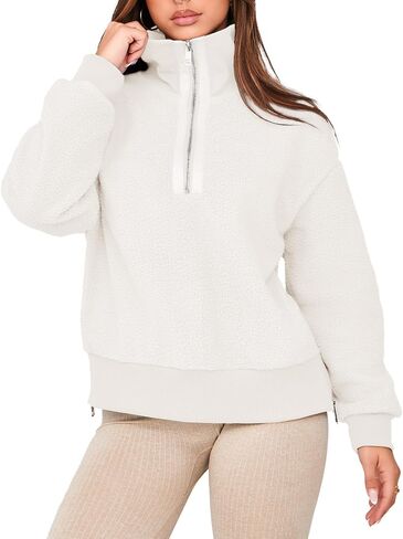 Glamaker Women's Half Zip Fleece Sweatshirt Long Sleeve Loose Casual Sherpa Lapel Pullover Tops Fuzzy Sweater 2024 in Saudi Arabia