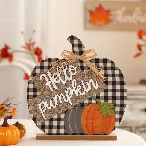 ديكورات لافتة Fall Hello Pumpkin، ديكور سطح الطاولة الخشبي للخريف مقاس 11 بوصة/28 سم، لديكور المنزل والمزرعة وغرفة المعيشة وعيد الشكر. in Saudi Arabia