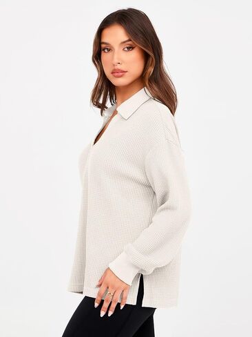 Glamaker سترة نسائية منسوجة بنمط وافل كاجوال بياقة على شكل V وأكمام طويلة بلوفر علوي ملابس خريف 2024 in Kuwait