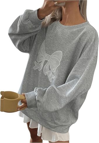 Women's Oversized Sweatshirts Bow Long Sleeve Crewneck Drop Shoulder Graphic Pullover Tops Trendy in Saudi Arabia
