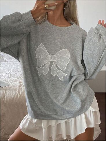 Women's Oversized Sweatshirts Bow Long Sleeve Crewneck Drop Shoulder Graphic Pullover Tops Trendy in Saudi Arabia
