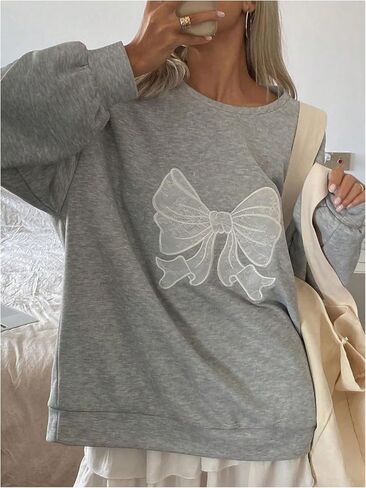 Women's Oversized Sweatshirts Bow Long Sleeve Crewneck Drop Shoulder Graphic Pullover Tops Trendy in Saudi Arabia