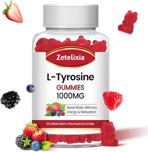 L-Tyrosine Gummies 1000mg، مكمل L-Theanine Gummy 200mg، L-Tyrosine خالي من السكر مع مكملات الطاقة فيتامين B6 للبالغين والأطفال - نباتي (60 قطعة) in Kuwait